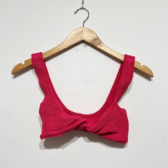 Hunza G Juno Twist Knot Smocked Bikini Bathing Suit Swim Top Hot Pink One Size - Picture 1 of 3